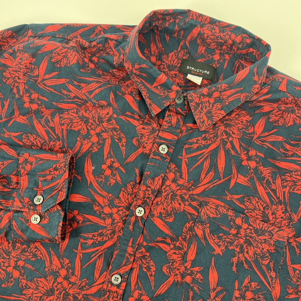 Vintage Structure Men's XL Extra Large Button Up Cotton Shirt Red Navy Slim Fit